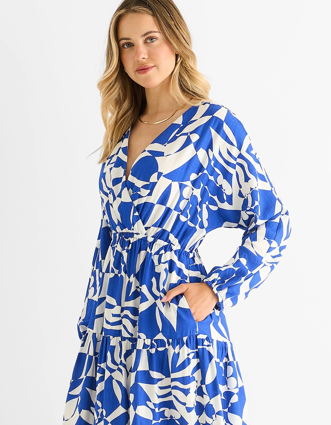Blue Abstract Wrap Elasticated Waist Midaxi Dress