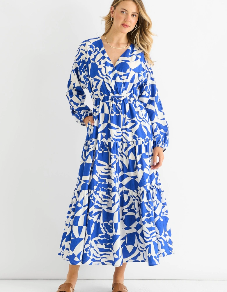 Blue Abstract Wrap Elasticated Waist Midaxi Dress