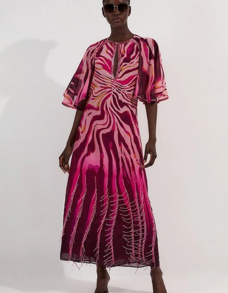 Animal Print Georgette Embellished Short Sleeve Woven Maxi Dress