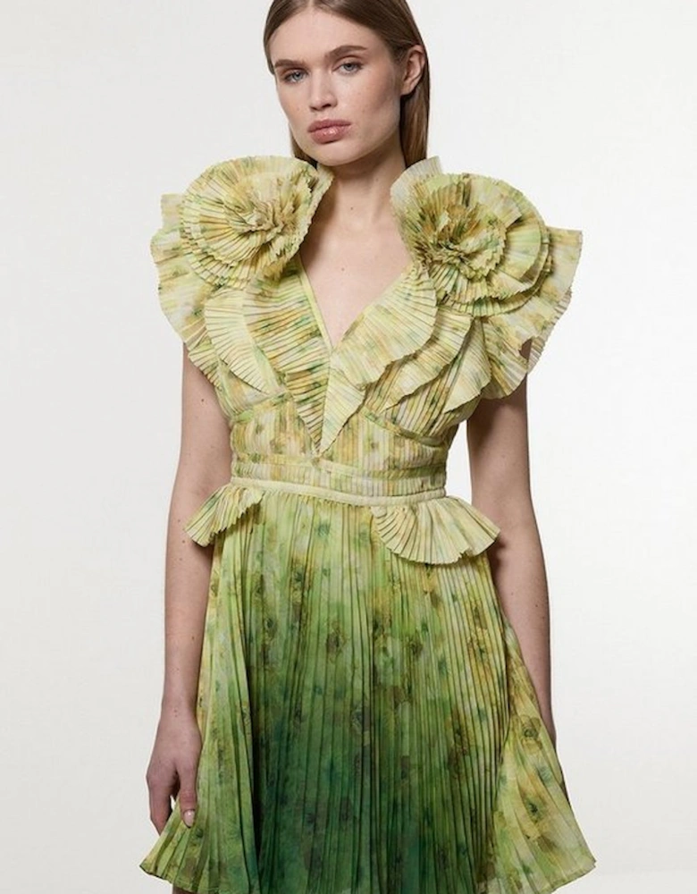 Crinkle Pleat Border Print Mini Dress With Rosette Detail