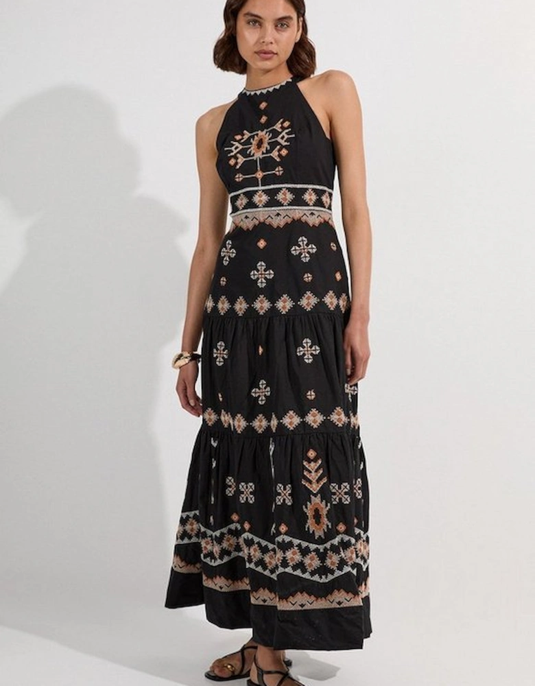 Petite Cotton Embroidered Woven Halter Maxi Dress