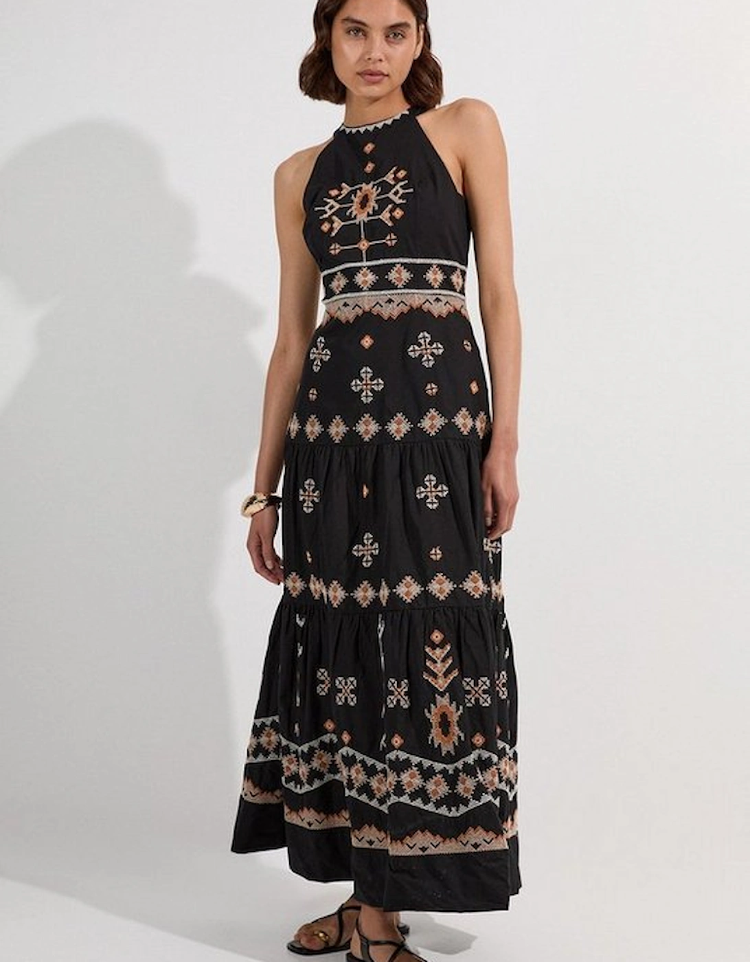 Petite Cotton Embroidered Woven Halter Maxi Dress