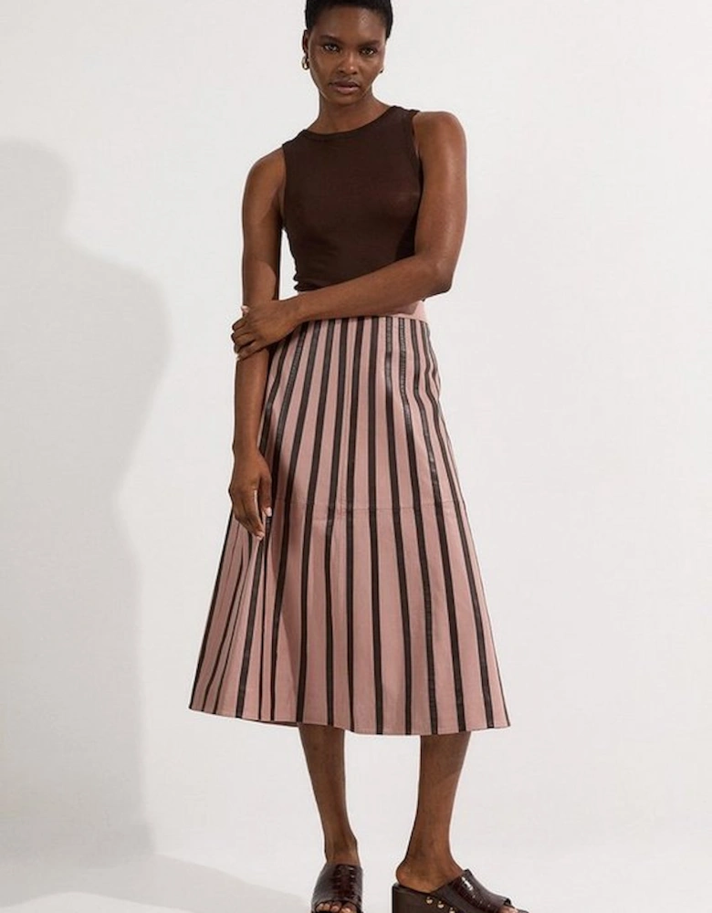 Leather Stripe Mix Full Midi Skirt