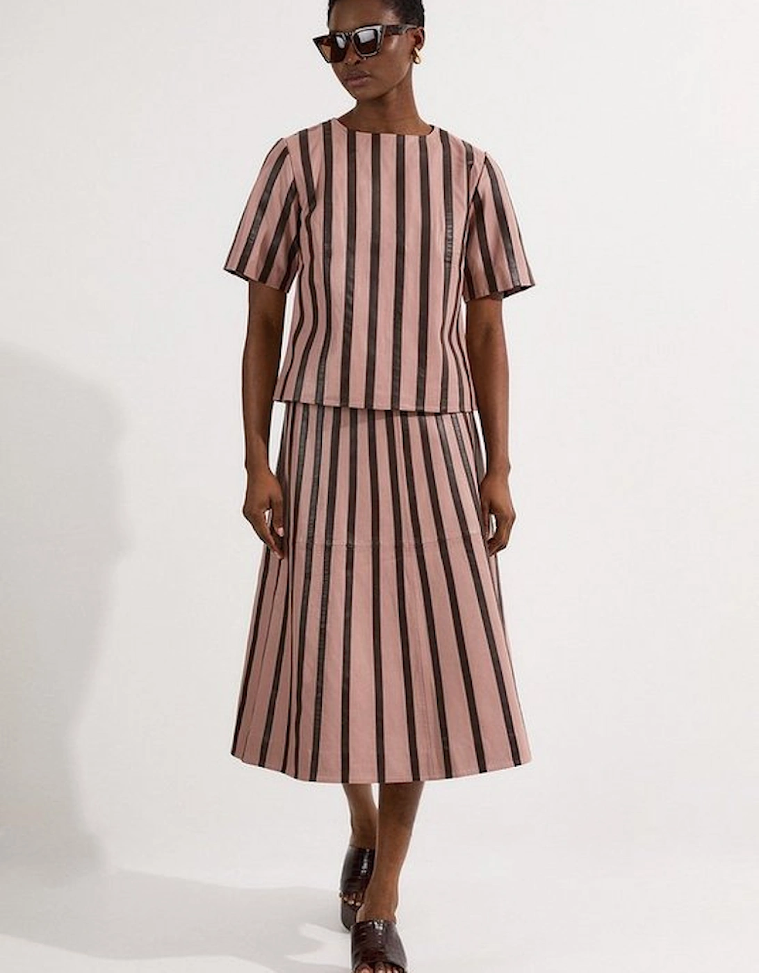 Leather Stripe Mix Full Midi Skirt