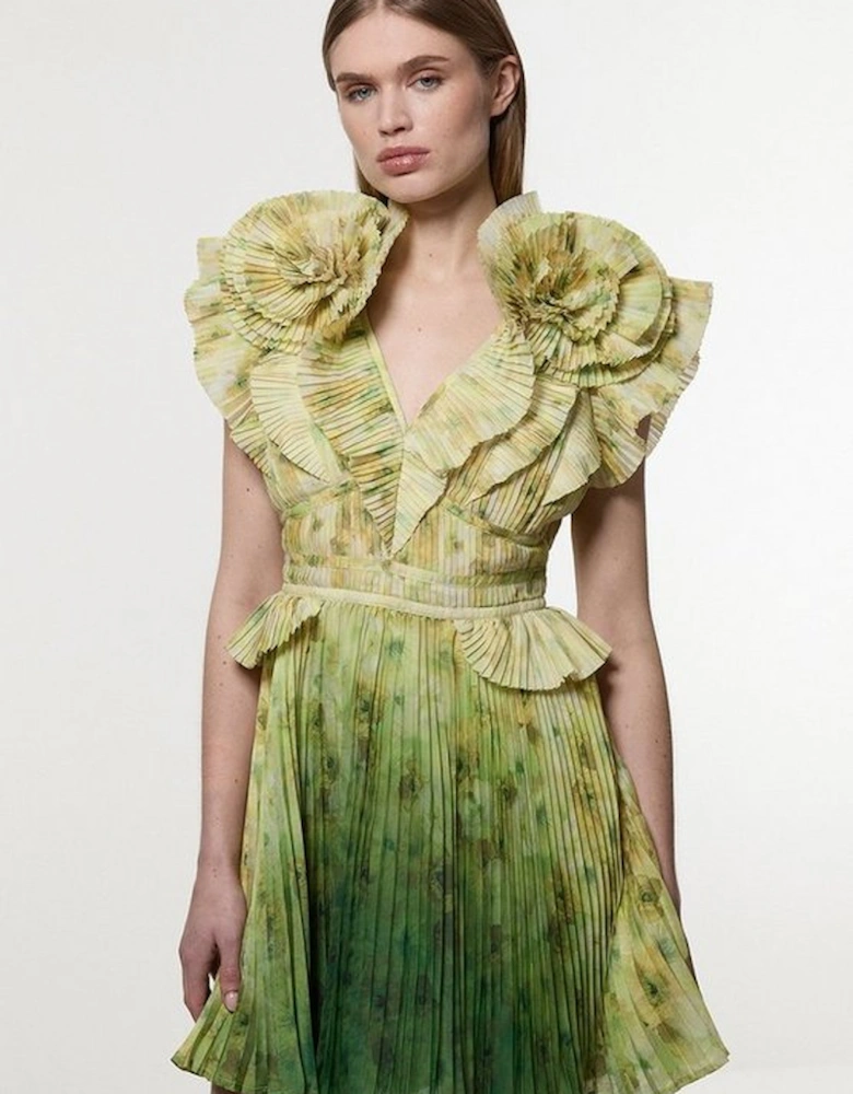 Tall Crinkle Pleat Border Print Mini Dress With Rosette Detail