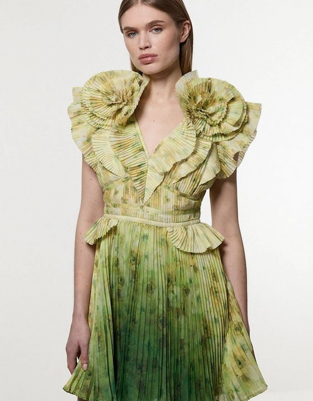 Tall Crinkle Pleat Border Print Mini Dress With Rosette Detail, 2 of 1