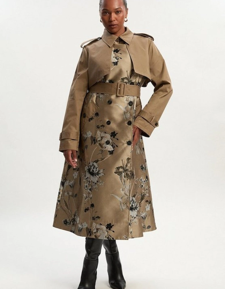 Plus Size Tailored Jacquard Mix Trench Midi Coat