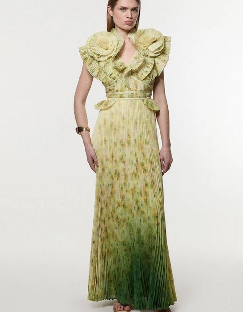 Crinkle Pleat Border Print Maxi Dress With Rosette Detail