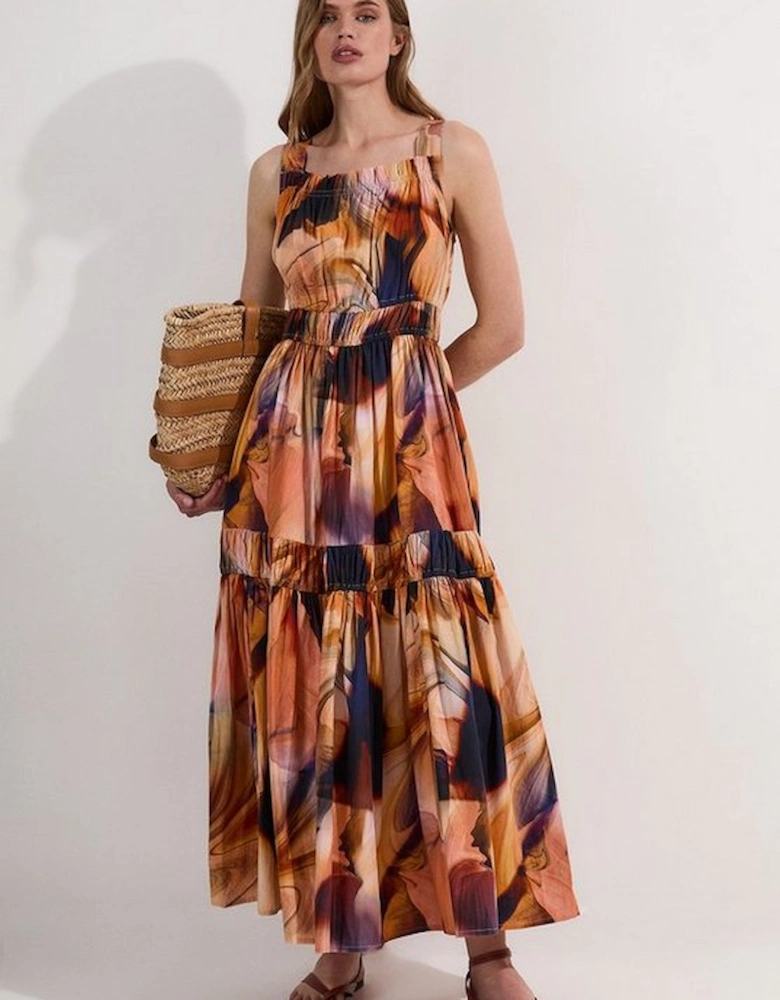 Shirred Cotton Tiered Printed Woven Maxi Dress