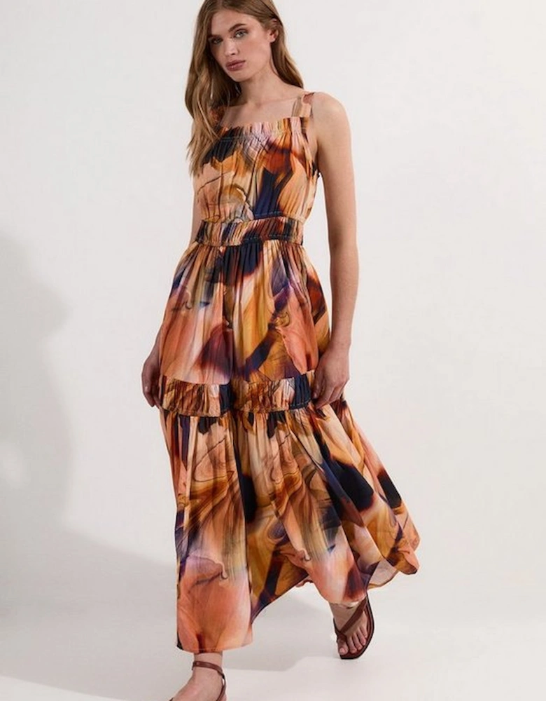 Petite Shirred Cotton Tiered Printed Woven Maxi Dress