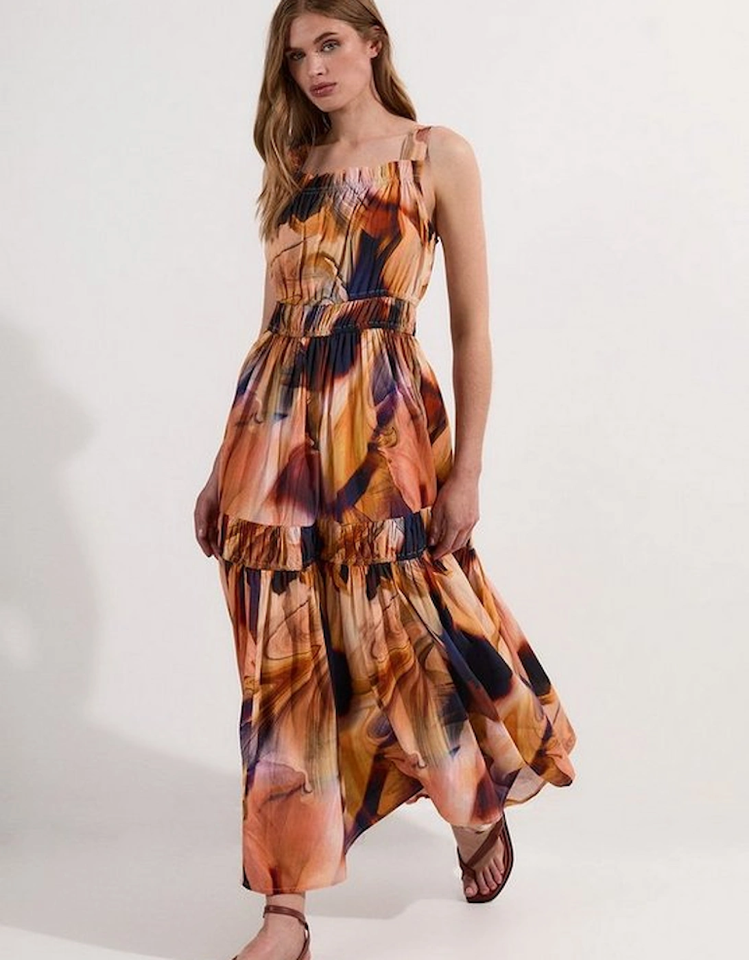 Petite Shirred Cotton Tiered Printed Woven Maxi Dress, 2 of 1