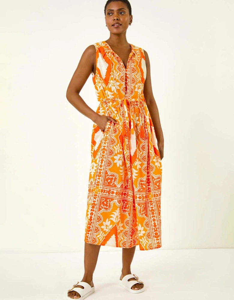 Abstract Print Halter Midi Dress - Orange