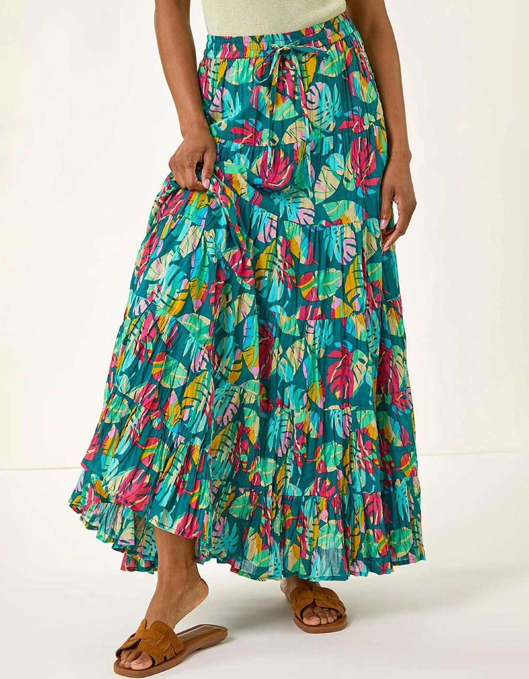 Palm Print Tiered A-Line Skirt - Blue, 2 of 1