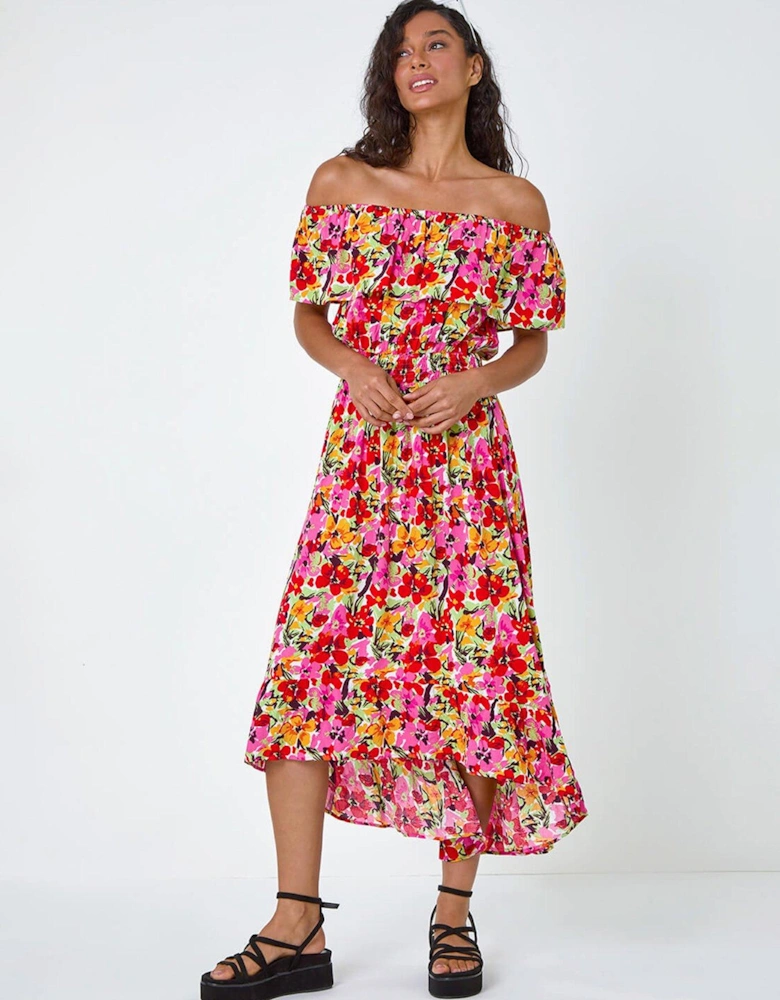 Floral Print Shirred Midi Dress - Pink