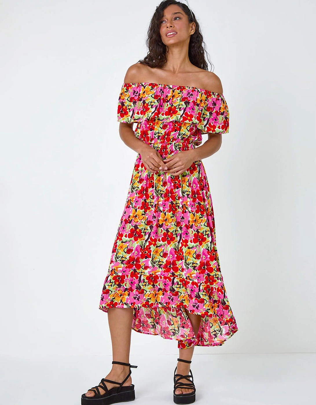 Floral Print Shirred Midi Dress - Pink, 2 of 1