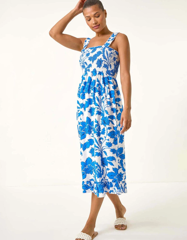 Floral Shirred Midi Dress - Blue