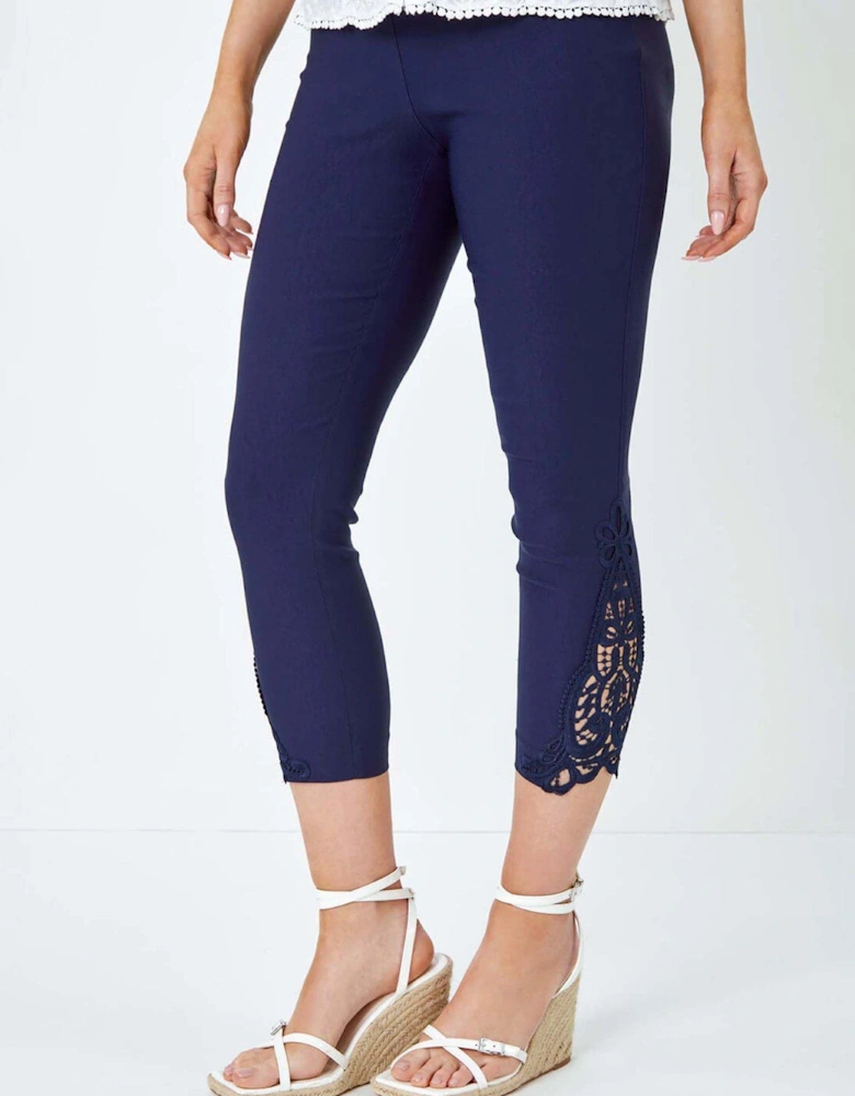 Lace Insert Crop Stretch Trousers - Navy