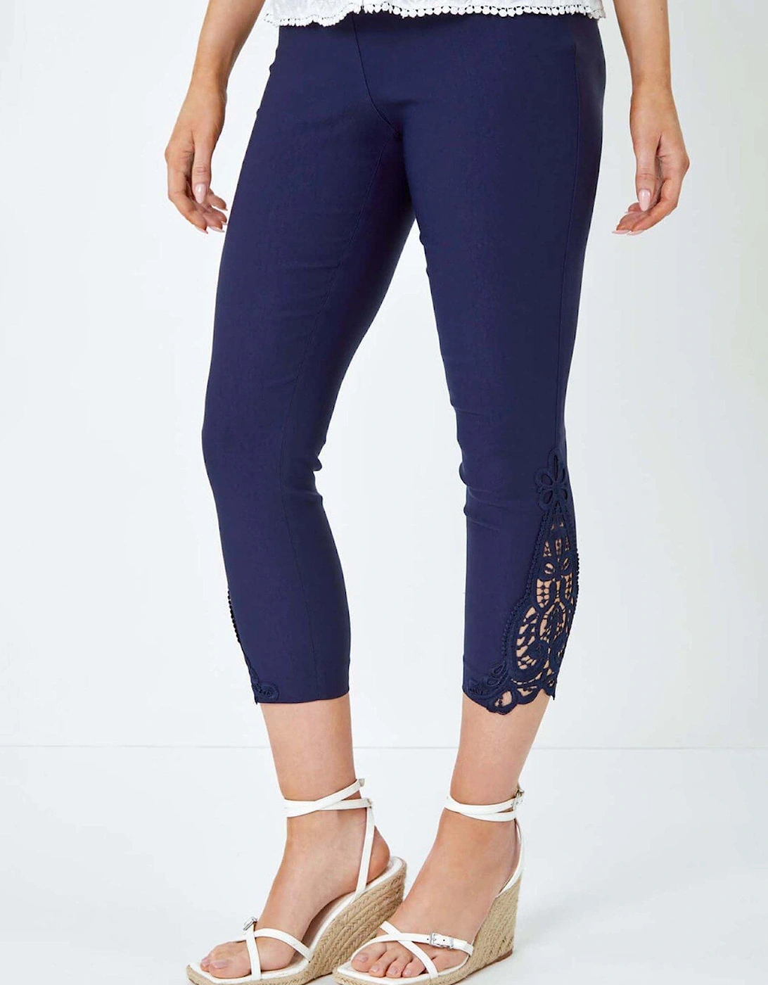 Lace Insert Crop Stretch Trousers - Navy, 2 of 1