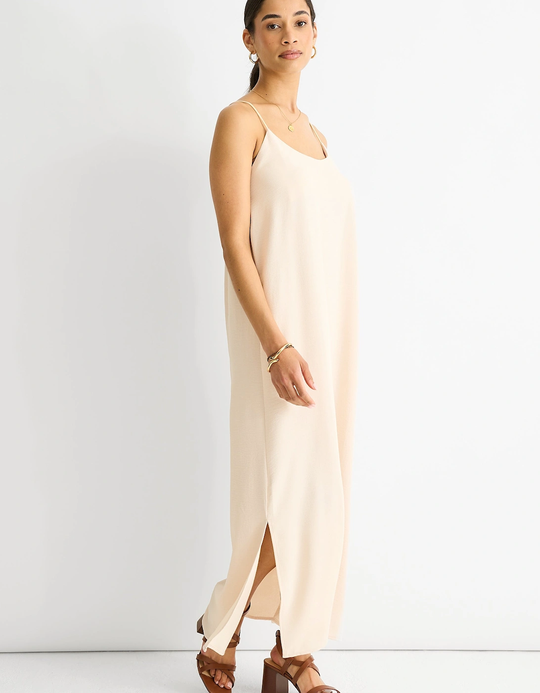 Beige Strappy Cross Back Airflow Oversized dress