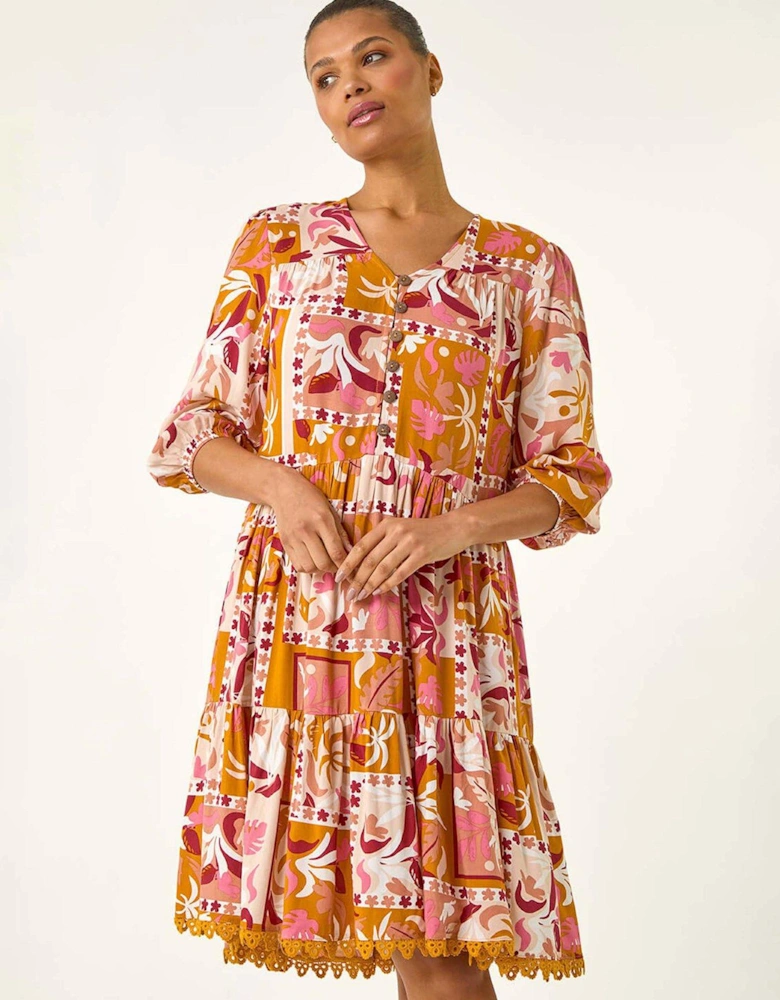 Patchwork Smock V-neck Dress - Orange