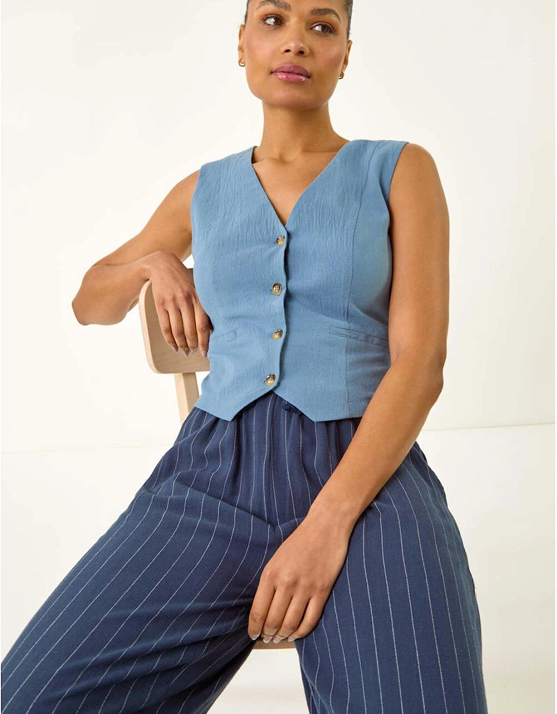 Cotton V-neck Button Through Waistcoat - Blue, 2 of 1