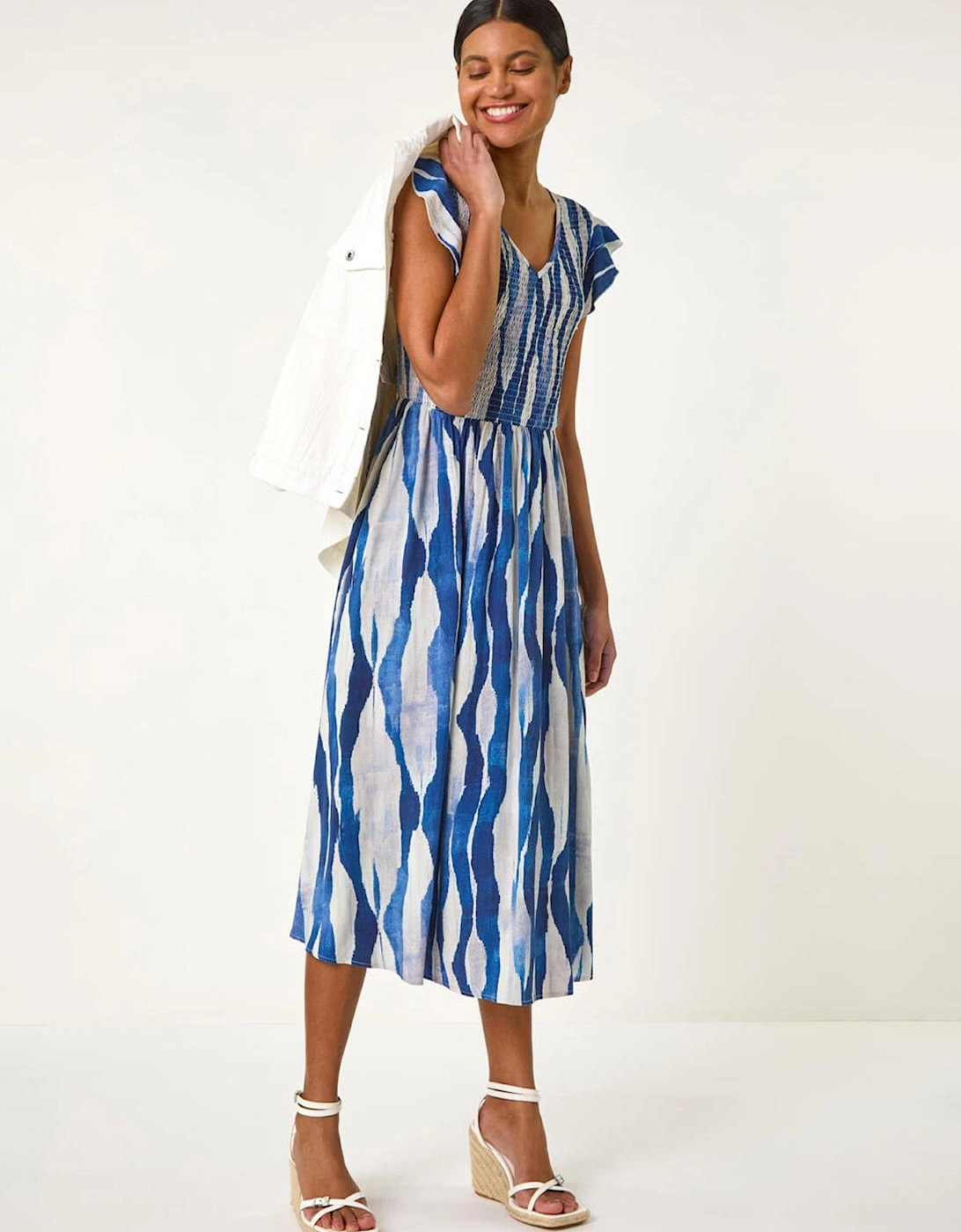 Wave Print Shirred Midi Dress - Blue, 2 of 1