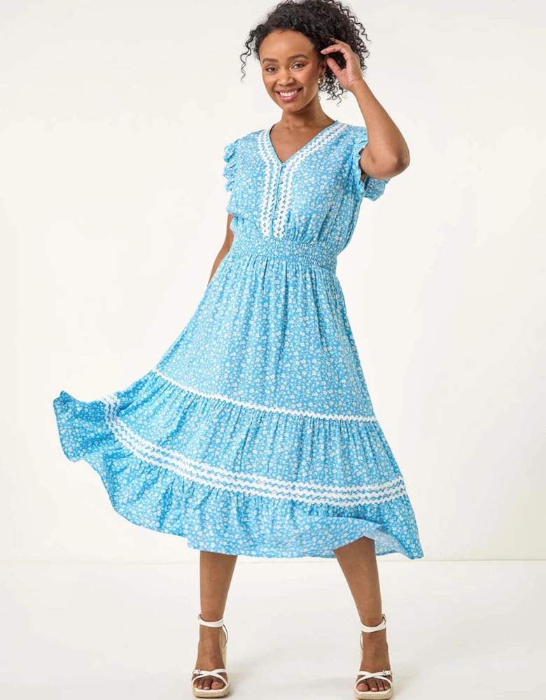 Petite Floral Print Ric Rac Midi Dress - Turquoise