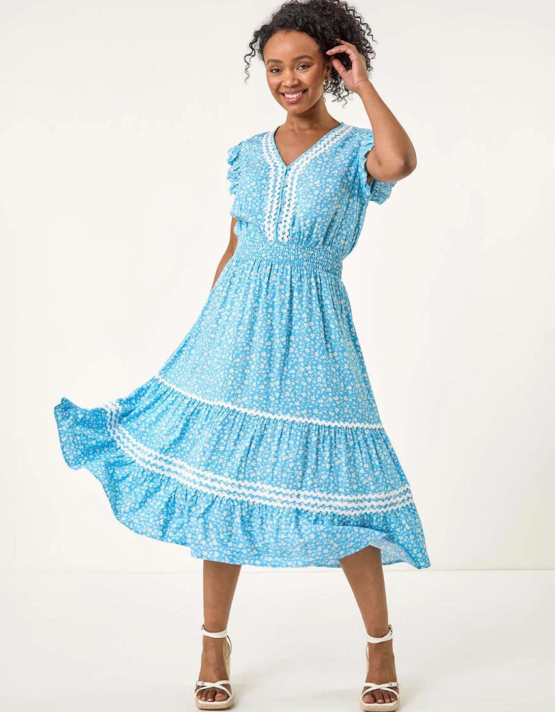 Petite Floral Print Ric Rac Midi Dress - Turquoise, 2 of 1