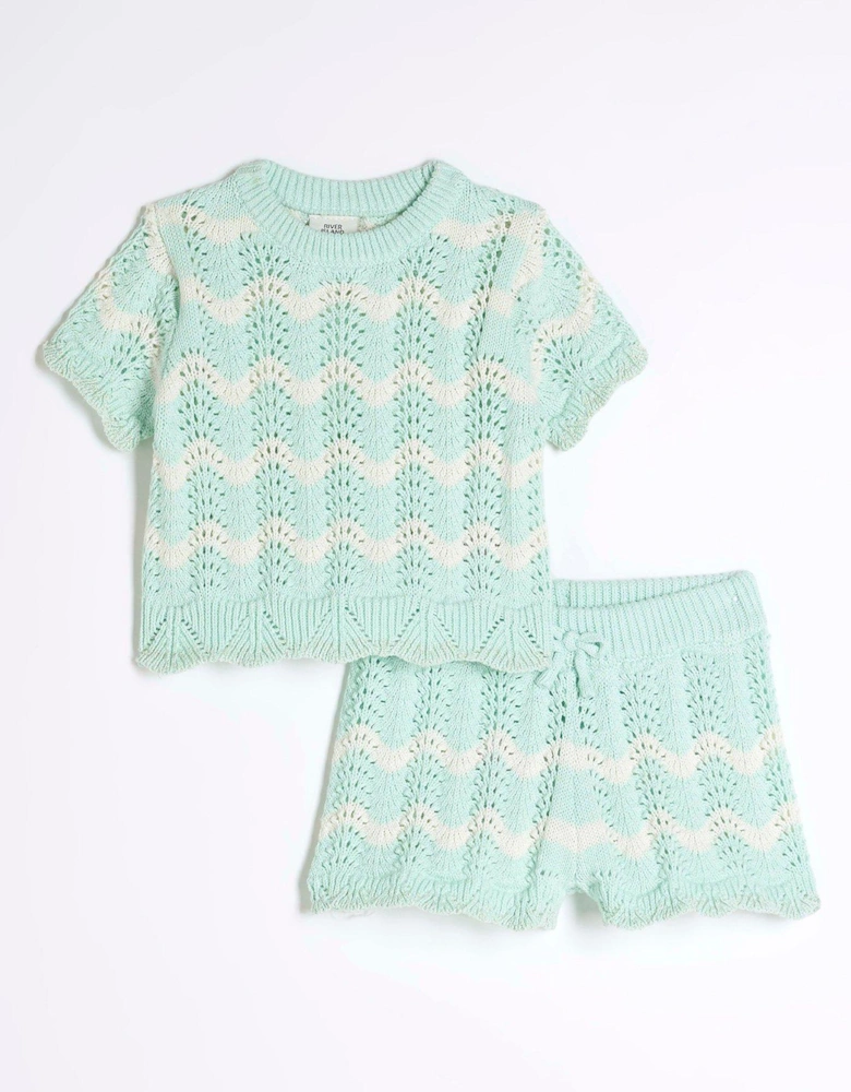 Girls Striped Crochet Short Set - Blue