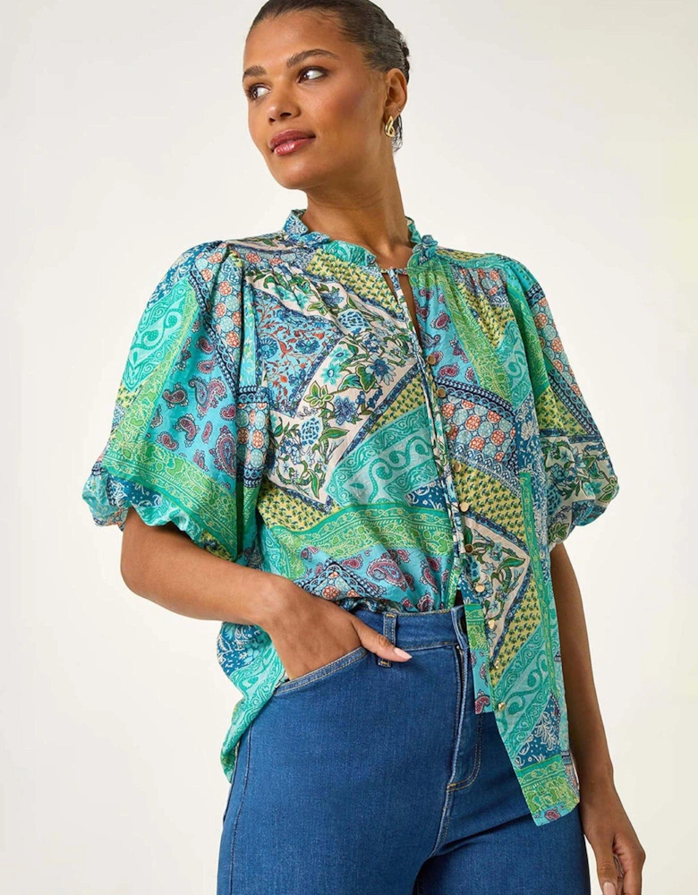 Patchwork Print Tie Front Blouse - Blue