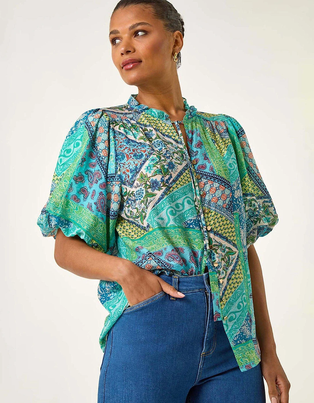 Patchwork Print Tie Front Blouse - Blue, 2 of 1