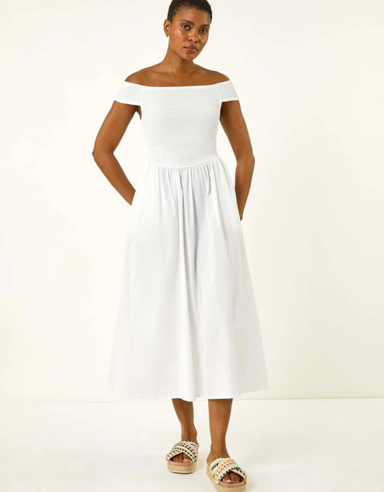Shirred Cotton Midi Dress - White