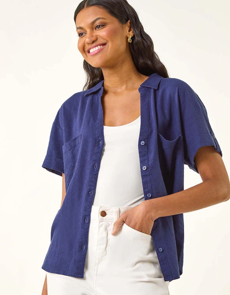 Linen Mix Collared Shirt - Navy