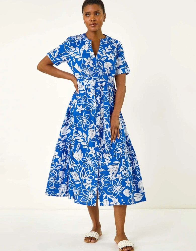 Floral Print Tie Waist Midi Dress - Royal Blue