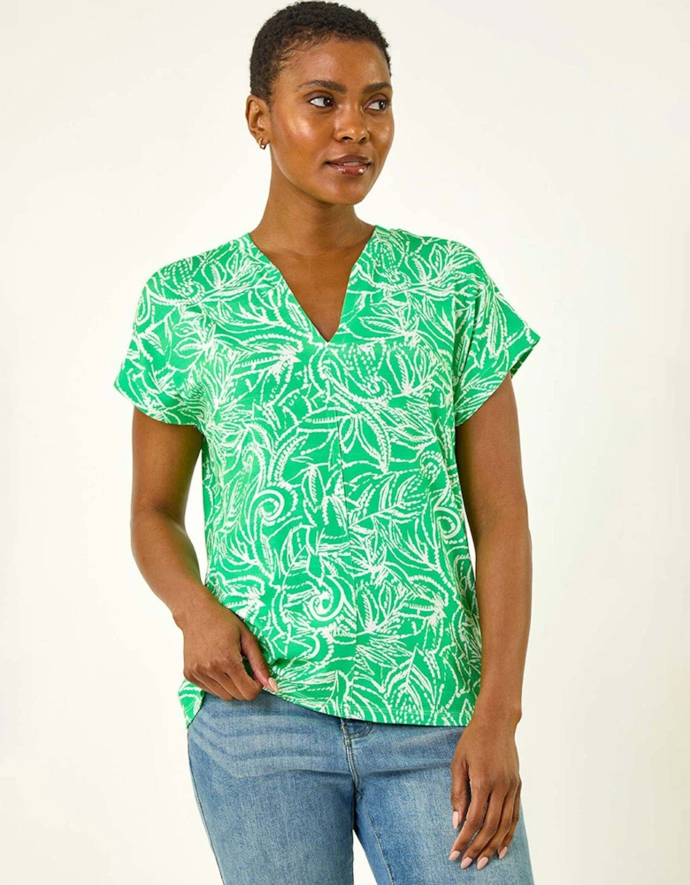 Printed V-neck Stretch Shirt - Green