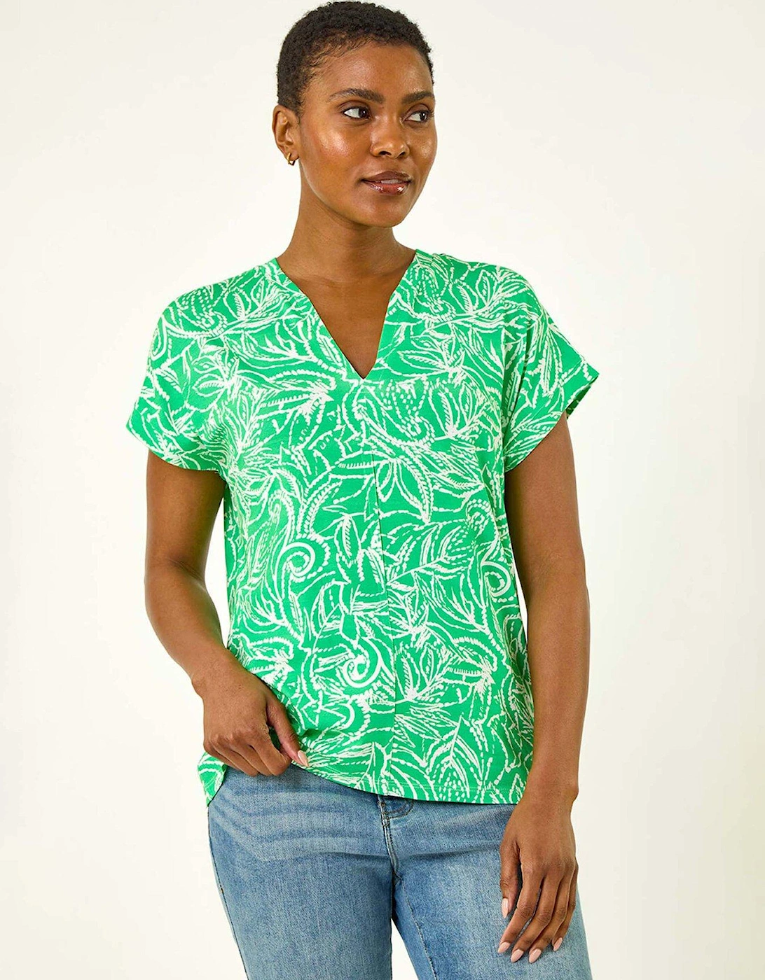 Printed V-neck Stretch Shirt - Green, 2 of 1