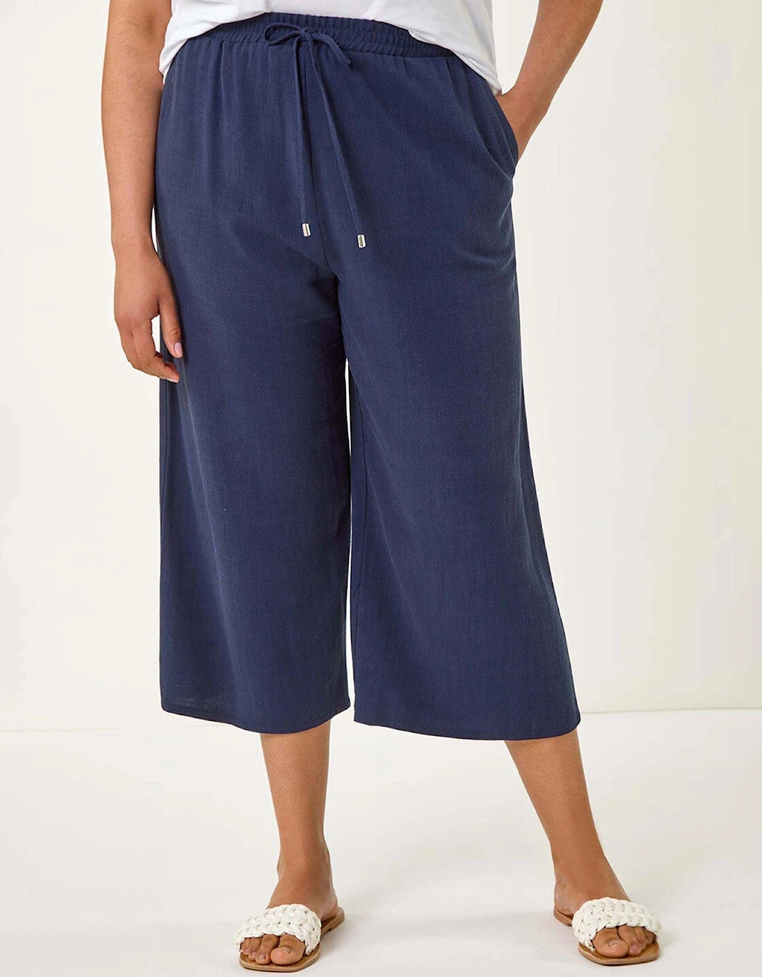 Curve Linen Mix Cropped Trousers - Navy, 2 of 1