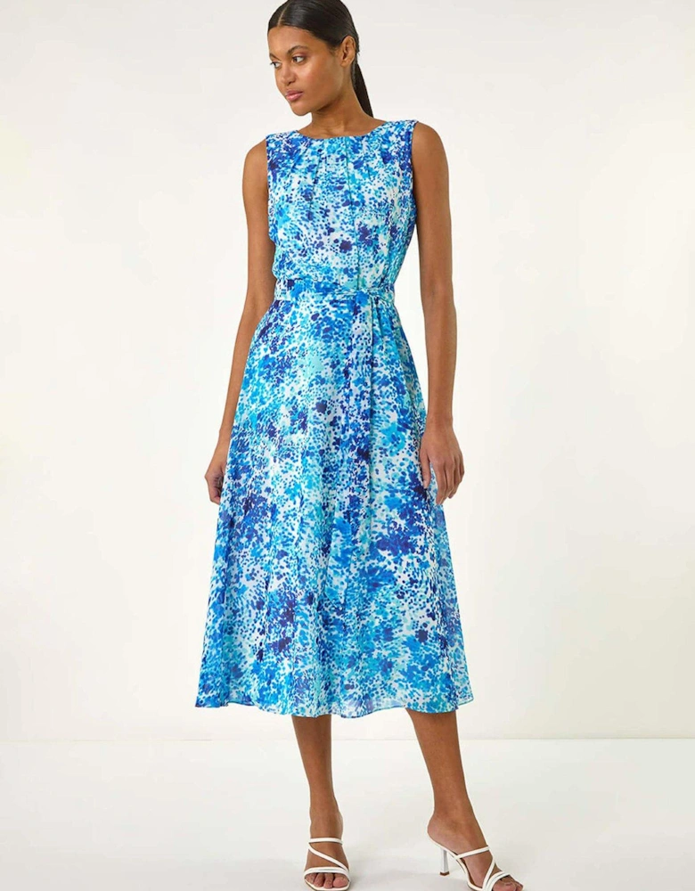 Spot Print Pleated Chiffon Dress - Blue