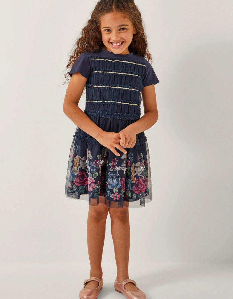 Girls Unicorn Border Print Jersey Dress - Navy