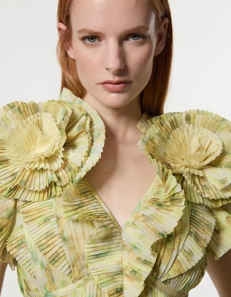 Crinkle Pleat Border Print Blouse With Rosette Detail