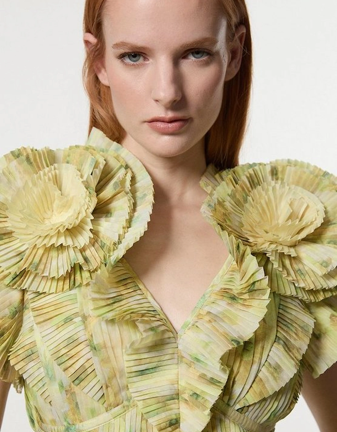 Crinkle Pleat Border Print Blouse With Rosette Detail