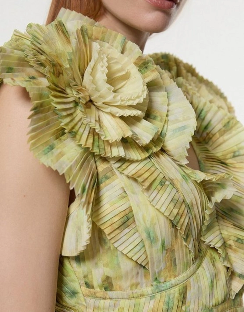 Crinkle Pleat Border Print Blouse With Rosette Detail