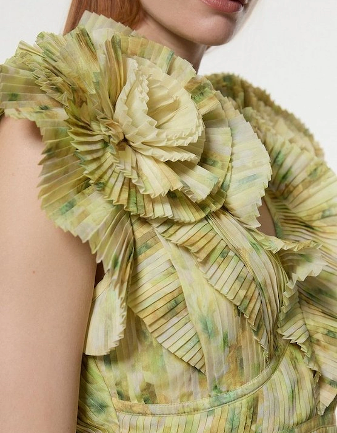 Crinkle Pleat Border Print Blouse With Rosette Detail