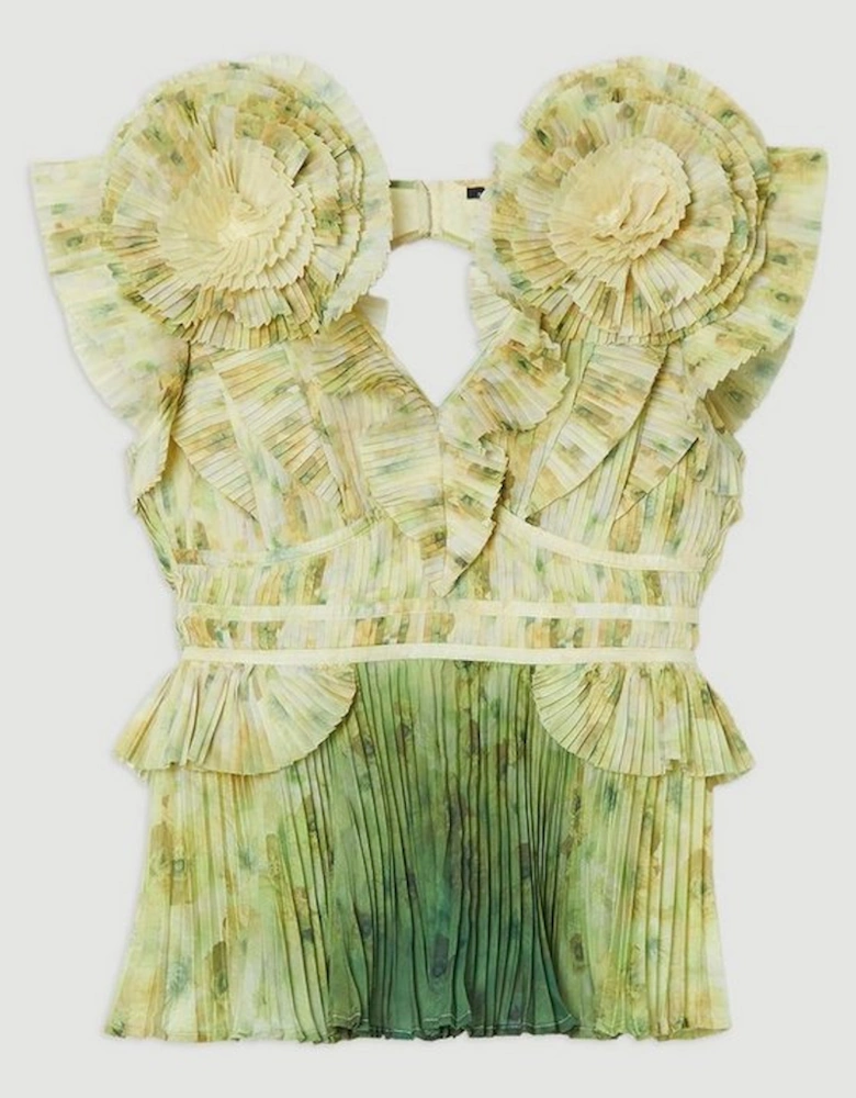 Crinkle Pleat Border Print Blouse With Rosette Detail