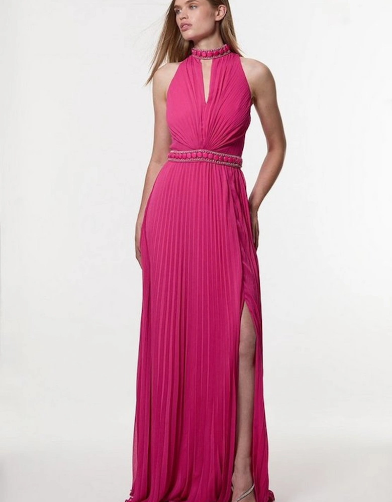 Crystal Embellished Woven Split Maxi Dress