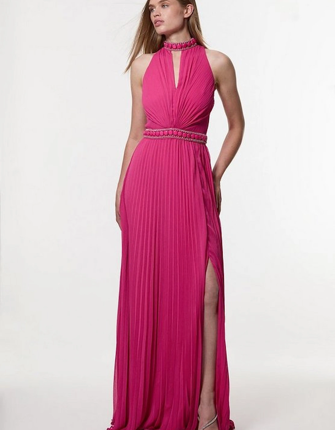 Crystal Embellished Woven Split Maxi Dress