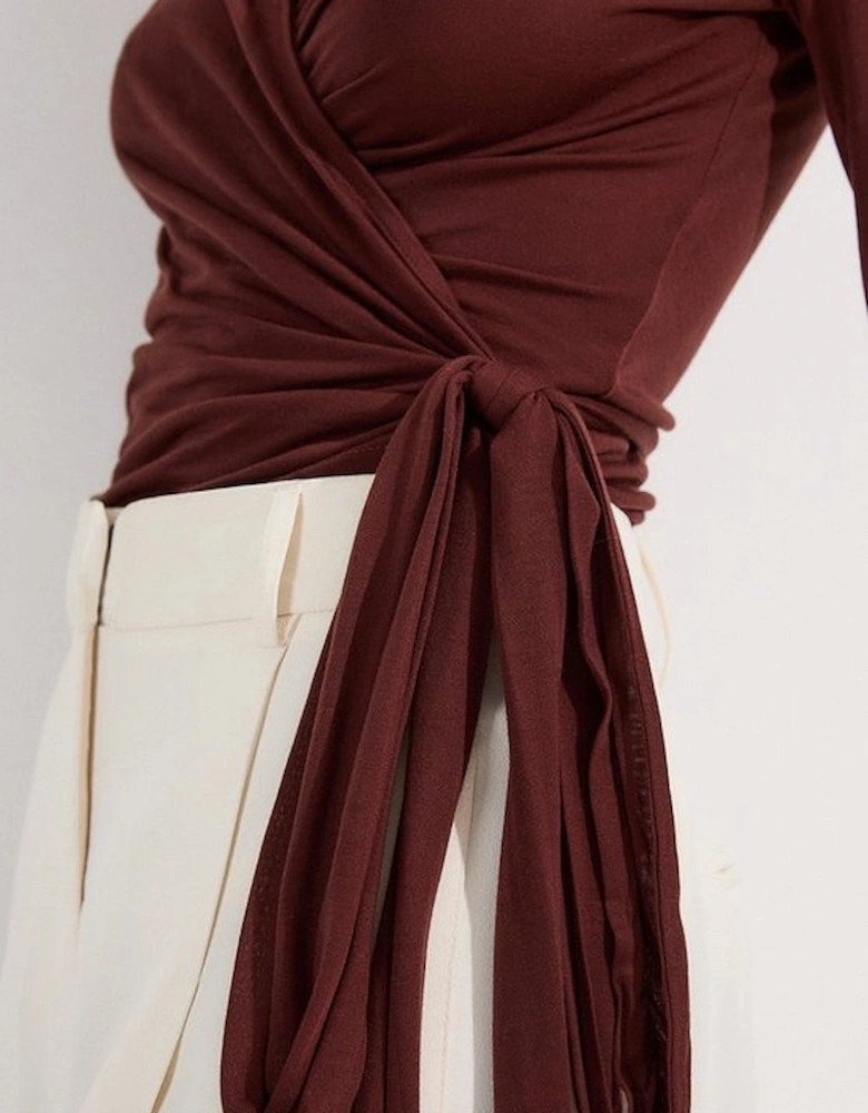 Tencel Jersey Wrap Detail Plunge Neck Long Sleeve Top