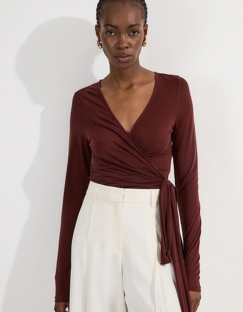 Tencel Jersey Wrap Detail Plunge Neck Long Sleeve Top
