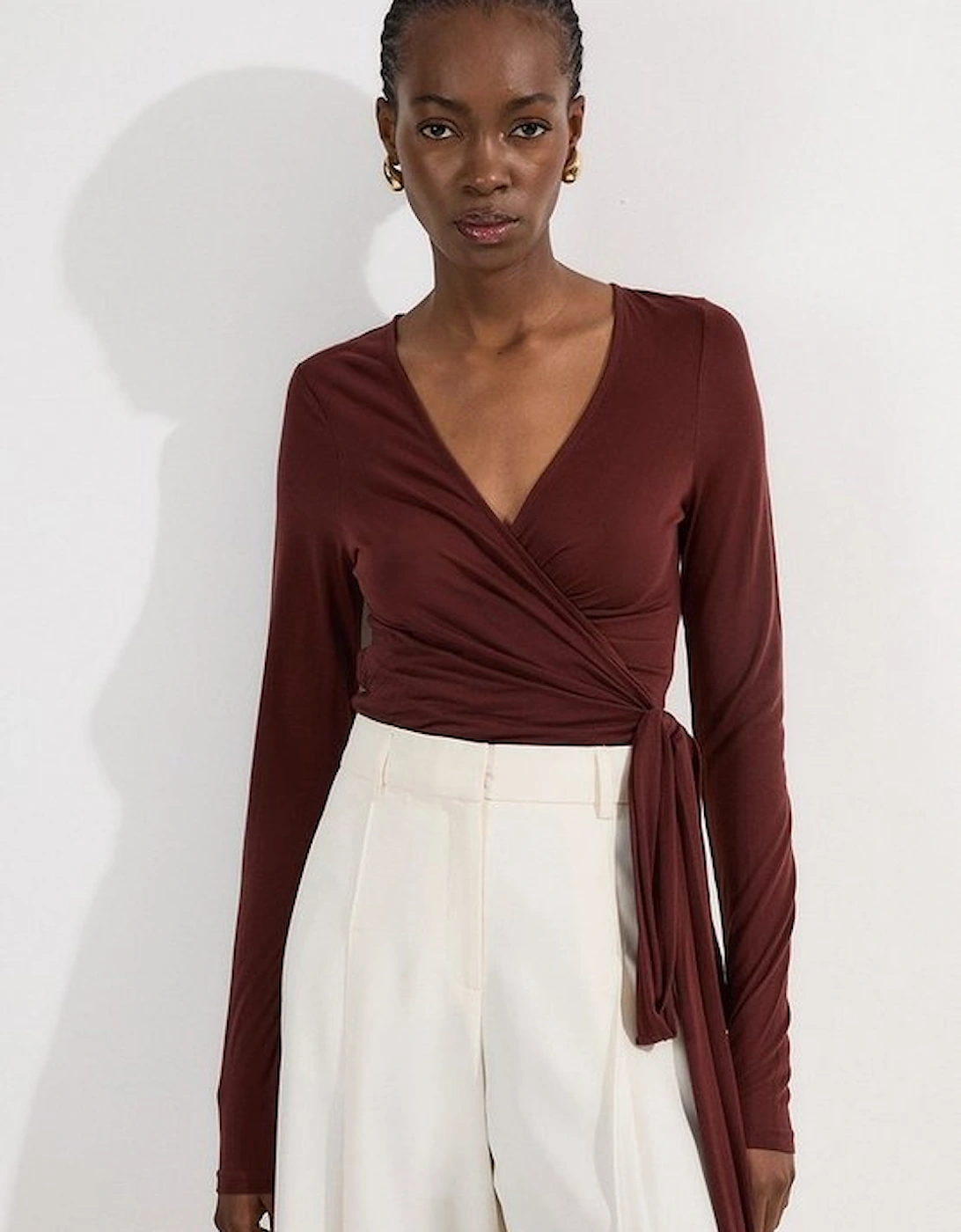 Tencel Jersey Wrap Detail Plunge Neck Long Sleeve Top