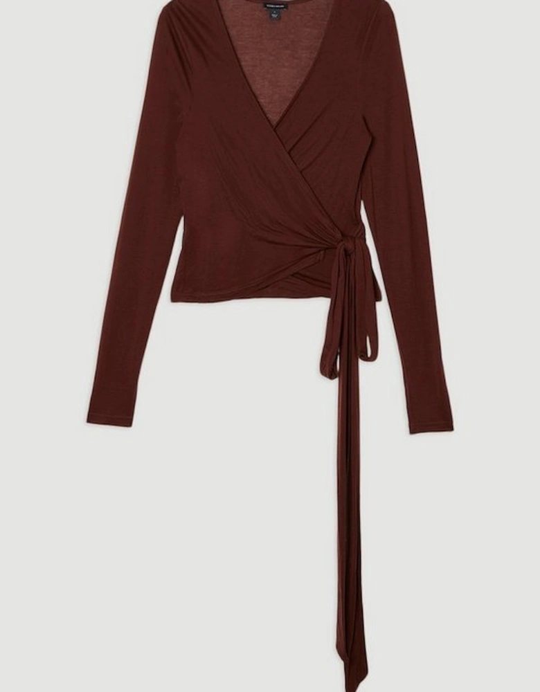 Tencel Jersey Wrap Detail Plunge Neck Long Sleeve Top